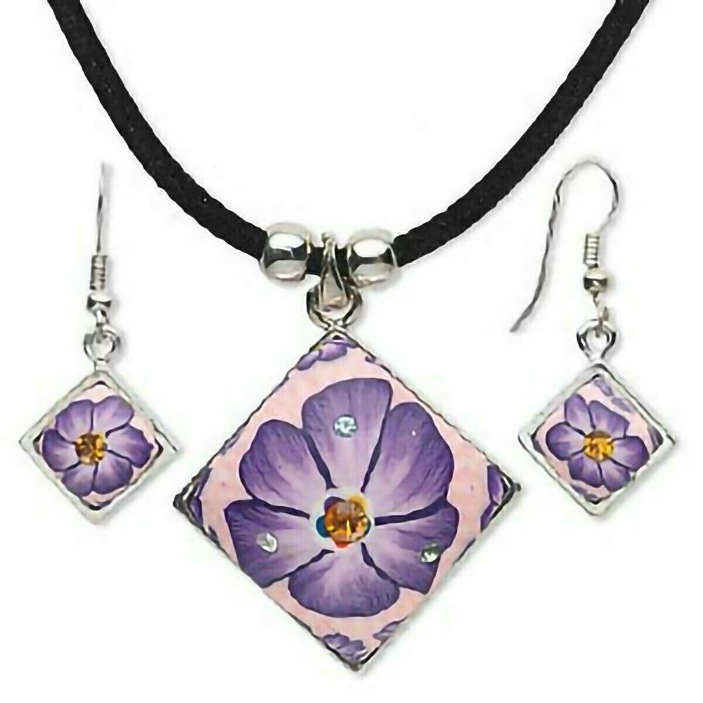 Purple Pink Polymer Clay Flowers Silver Black Velvet Necklace Earrings Set
